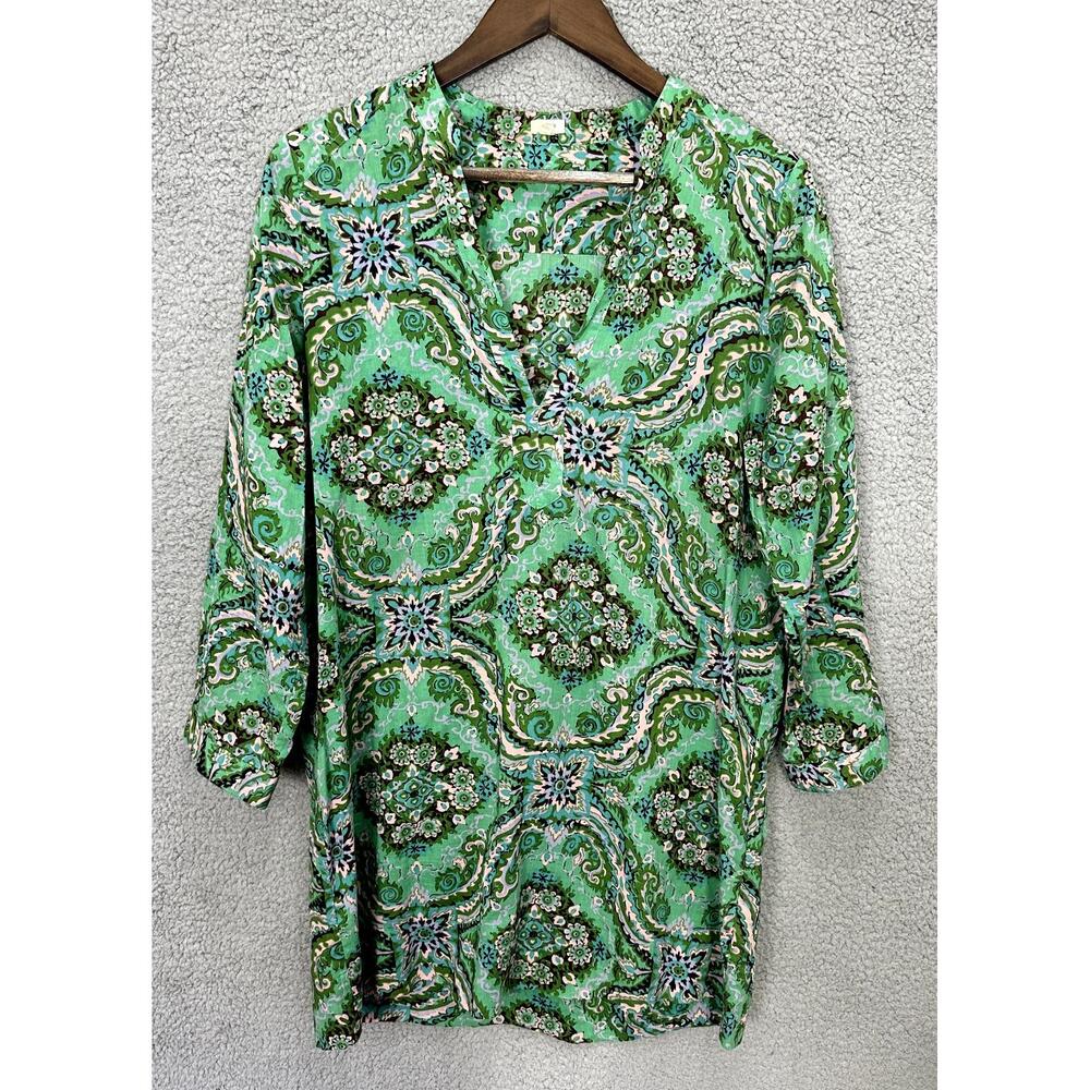 JCrew Tunic Top Womens Small Green Paisley Cotton Boho Resort Cottagecore Floral
